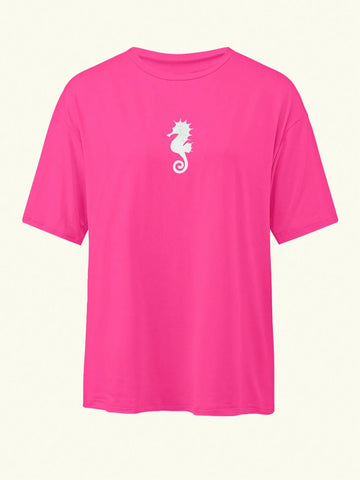 EZwear Ocean Animal Print Shirt For Women, Coconut Girl Top, Beach Blouse, Seahorse Pattern Tee