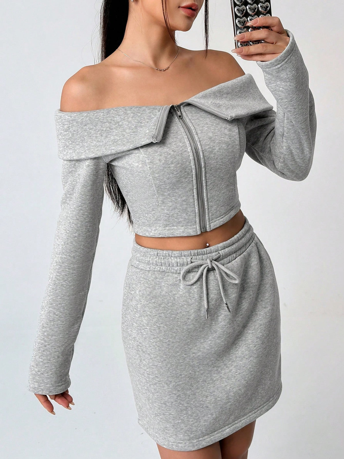Off-the-shoulder Zipper Front Top And Skirt Two Piece Set