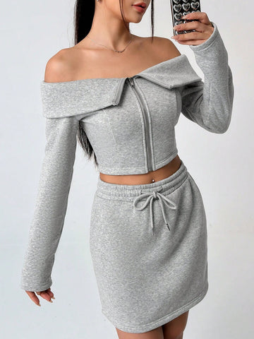Off-the-shoulder Zipper Front Top And Skirt Two Piece Set