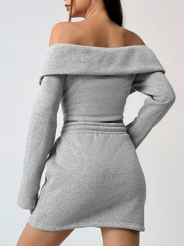 Off-the-shoulder Zipper Front Top And Skirt Two Piece Set