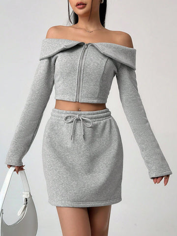 Off-the-shoulder Zipper Front Top And Skirt Two Piece Set