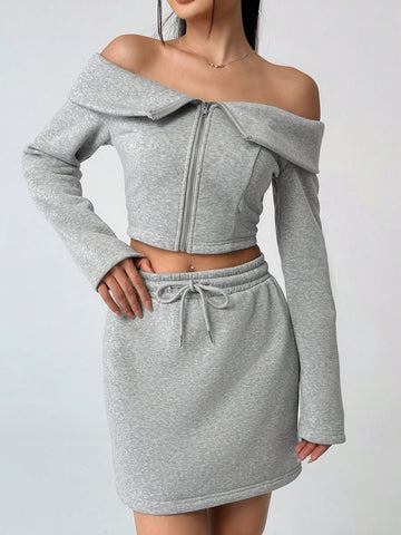 Off-the-shoulder Zipper Front Top And Skirt Two Piece Set