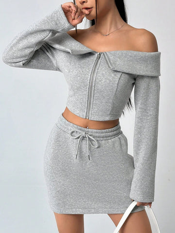 Off-the-shoulder Zipper Front Top And Skirt Two Piece Set