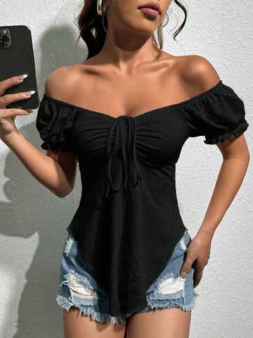 Off Shoulder Drawstring Front Curved Hem Tee