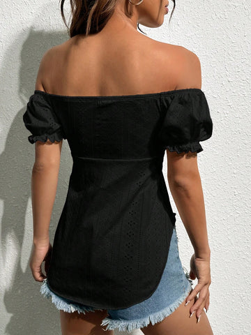 Off Shoulder Drawstring Front Curved Hem Tee