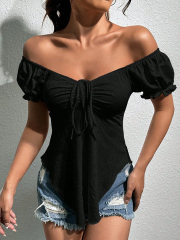 Off Shoulder Drawstring Front Curved Hem Tee