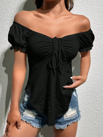 Off Shoulder Drawstring Front Curved Hem Tee