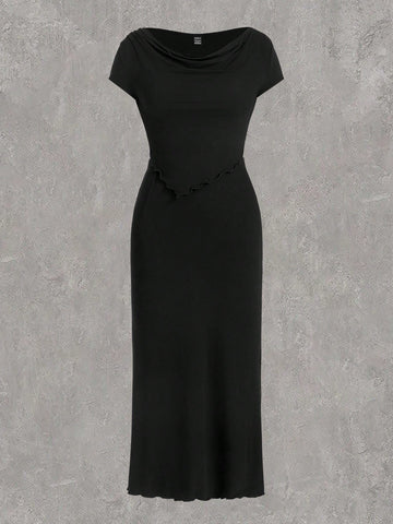 Off Shoulder Maxi Dress With Asymmetrical Hem In Black