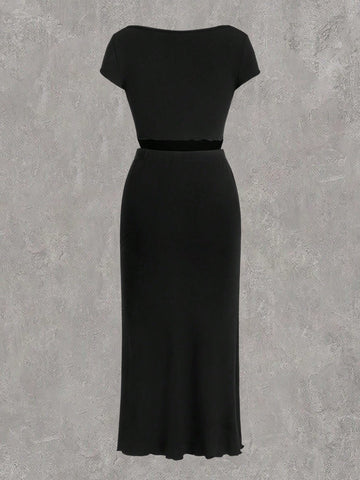 Off Shoulder Maxi Dress With Asymmetrical Hem In Black