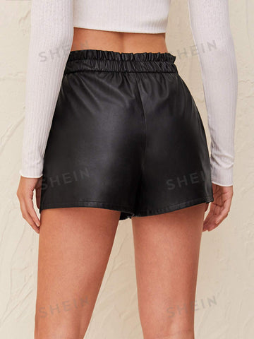 EZwear Paperbag Waist Button Detail Faux Leather Shorts
