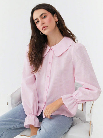 EZwear Peter Pan Collar Pink Small Plaid Ruffle Sleeves Button-Front Shirt