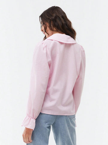 EZwear Peter Pan Collar Pink Small Plaid Ruffle Sleeves Button-Front Shirt