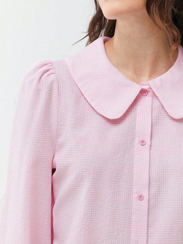 EZwear Peter Pan Collar Pink Small Plaid Ruffle Sleeves Button-Front Shirt