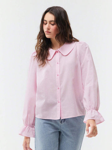 EZwear Peter Pan Collar Pink Small Plaid Ruffle Sleeves Button-Front Shirt