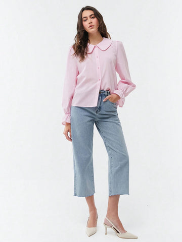 EZwear Peter Pan Collar Pink Small Plaid Ruffle Sleeves Button-Front Shirt