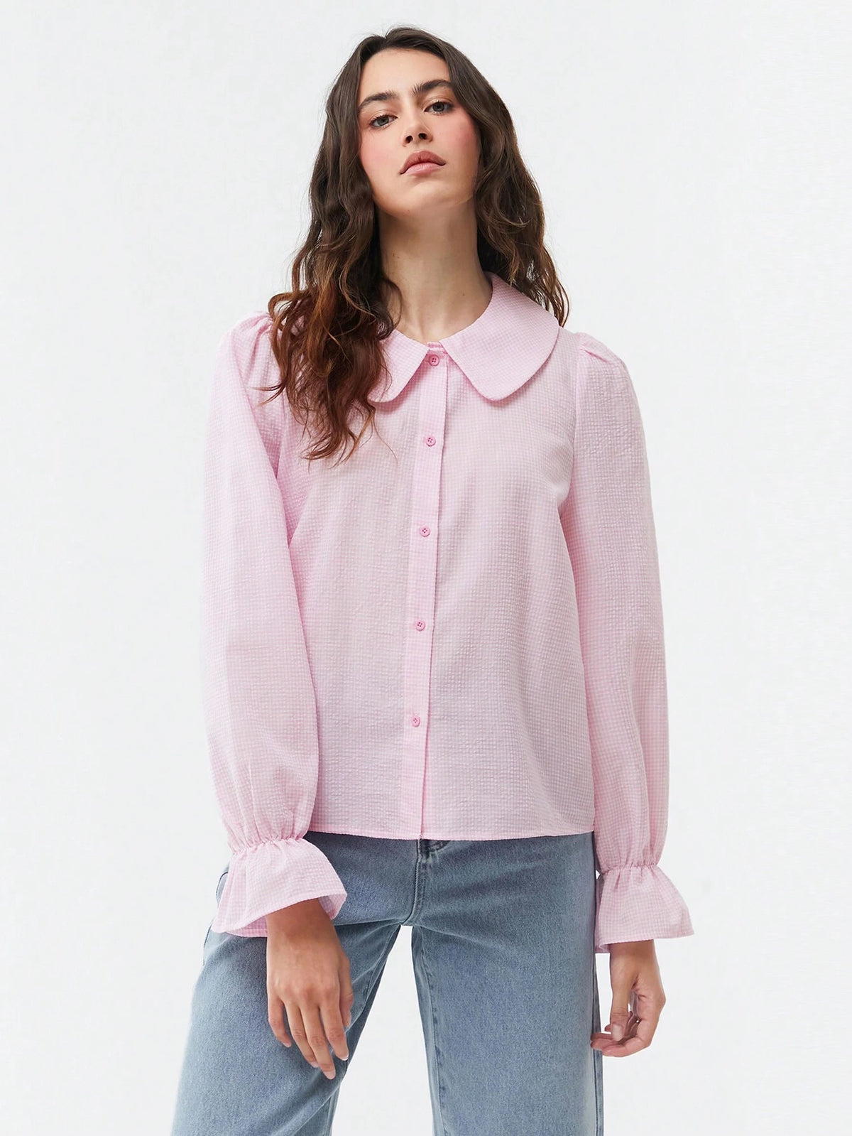 EZwear Peter Pan Collar Pink Small Plaid Ruffle Sleeves Button-Front Shirt