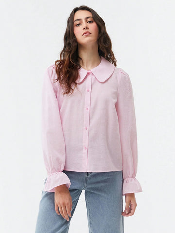 EZwear Peter Pan Collar Pink Small Plaid Ruffle Sleeves Button-Front Shirt