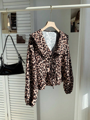 EZwear Peter Pan Collar Puff Sleeve Tie Front Blouse