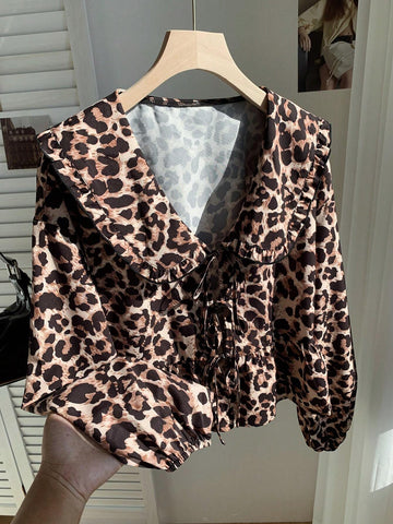 EZwear Peter Pan Collar Puff Sleeve Tie Front Blouse