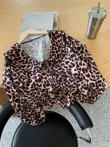 EZwear Peter Pan Collar Puff Sleeve Tie Front Blouse