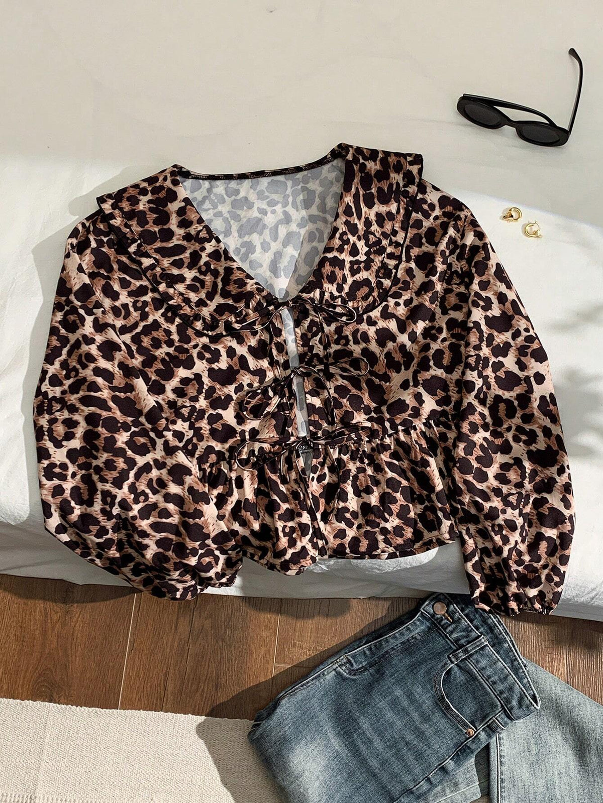 EZwear Peter Pan Collar Puff Sleeve Tie Front Blouse