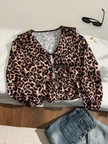 EZwear Peter Pan Collar Puff Sleeve Tie Front Blouse