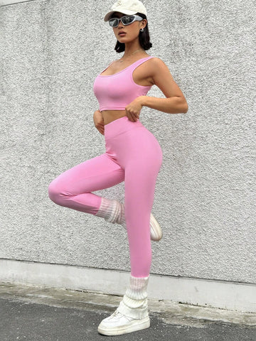Pink Casual U-Neck Sleeveless Top & Slim Yoga Leggings Set