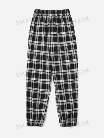 EZwear Plaid Print Elastic Waist Sweatpants