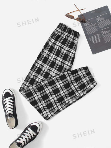 EZwear Plaid Print Elastic Waist Sweatpants