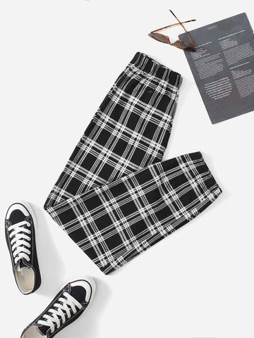 EZwear Plaid Print Elastic Waist Sweatpants