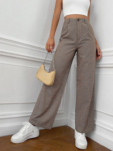 EZwear Plaid Print High Waist Pants
