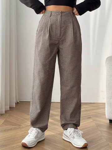 EZwear Plaid Print High Waist Straight Leg Pants