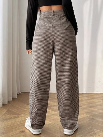 EZwear Plaid Print High Waist Straight Leg Pants