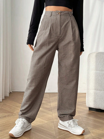 EZwear Plaid Print High Waist Straight Leg Pants