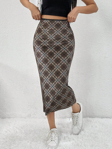 EZwear Plaid Print Pencil Skirt