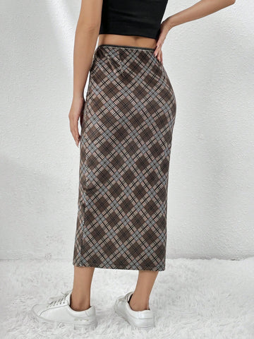 EZwear Plaid Print Pencil Skirt