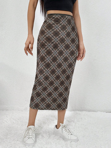 EZwear Plaid Print Pencil Skirt