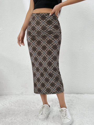 EZwear Plaid Print Pencil Skirt