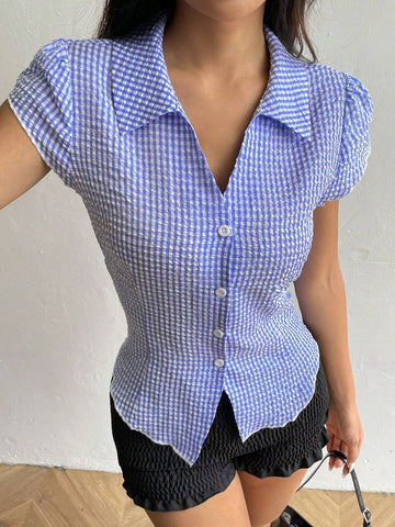 EZwear Plaid Print Single Breasted Short Sleeve Shirt With Cinched Waist, Summer