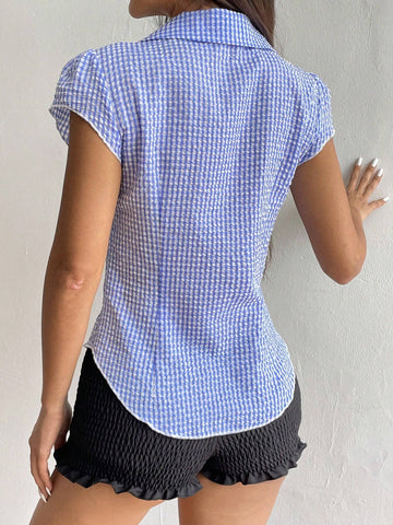 EZwear Plaid Print Single Breasted Short Sleeve Shirt With Cinched Waist, Summer