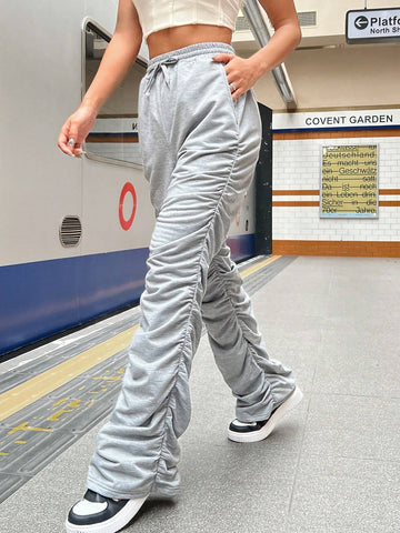 EZwear Pleated Hem Drawstring Waist Sweatpants
