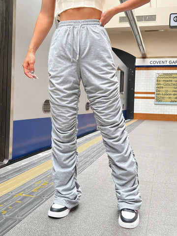 EZwear Pleated Hem Drawstring Waist Sweatpants