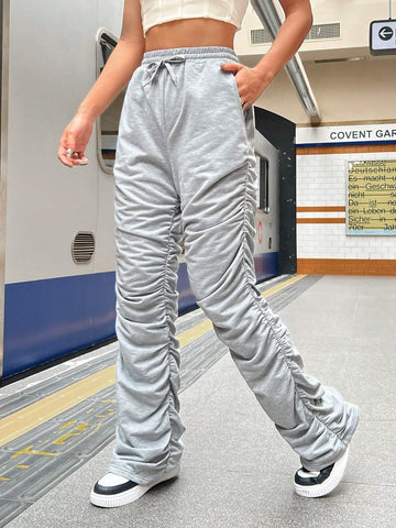 EZwear Pleated Hem Drawstring Waist Sweatpants