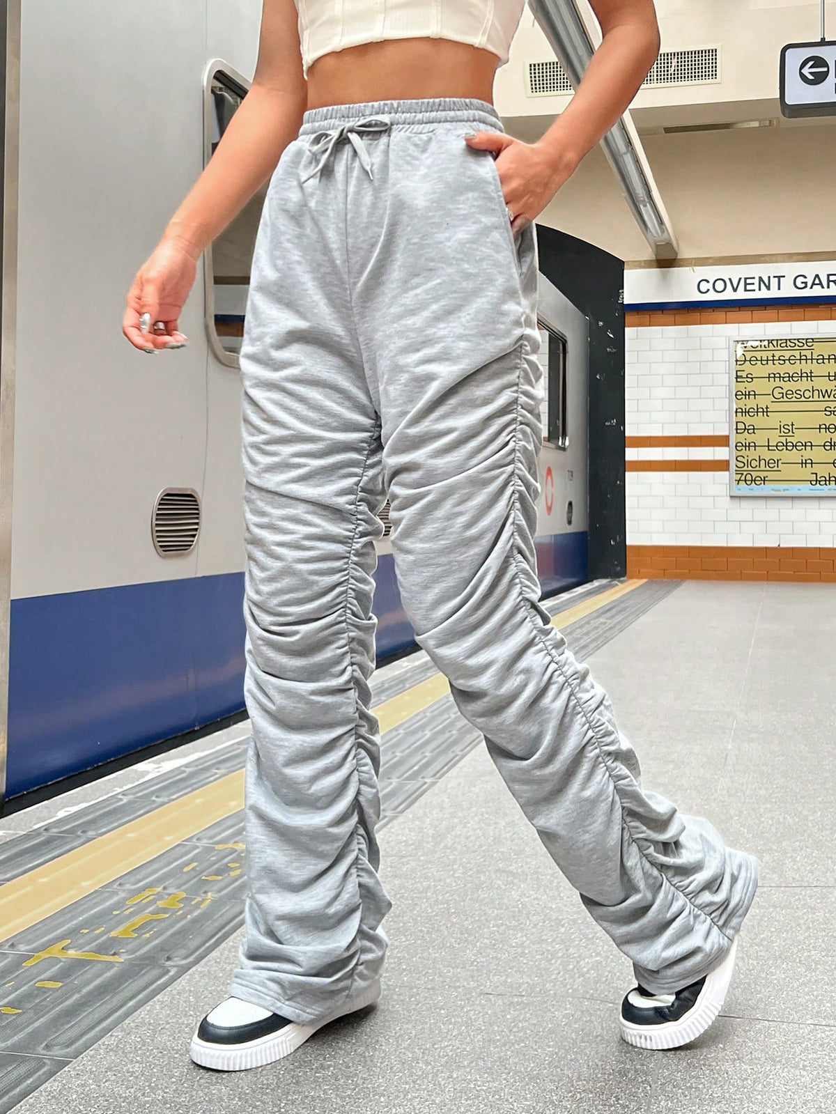 EZwear Pleated Hem Drawstring Waist Sweatpants