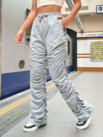 EZwear Pleated Hem Drawstring Waist Sweatpants