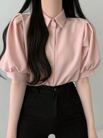EZwear Puff Sleeve Solid Color Ladies' Simple Daily Shirt