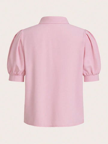 EZwear Puff Sleeve Solid Color Ladies' Simple Daily Shirt