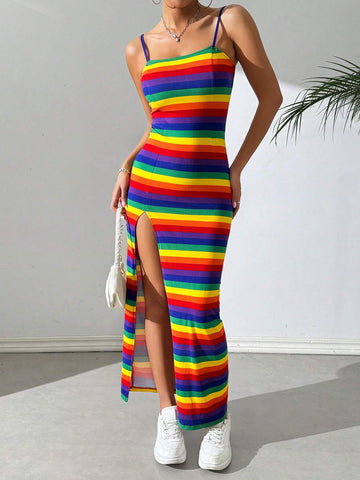 Rainbow Striped Knitted Cami Bodycon Dress For Women
