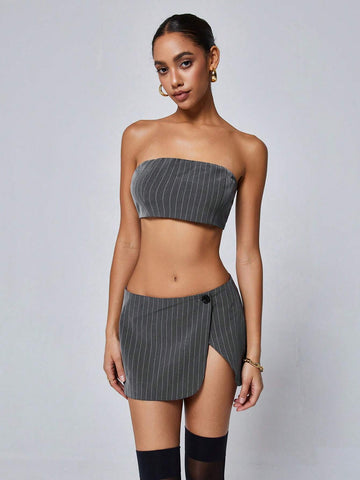 Random Striped Sexy Strapless Bodycon Mini Skirt Set, Including Top And Skirt