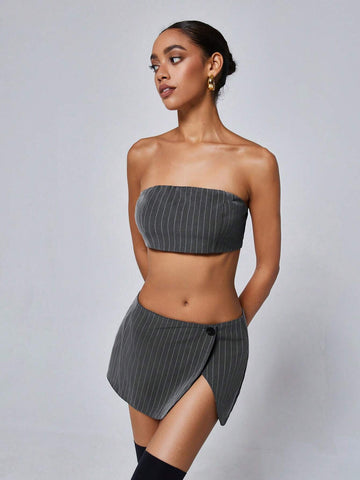 Random Striped Sexy Strapless Bodycon Mini Skirt Set, Including Top And Skirt
